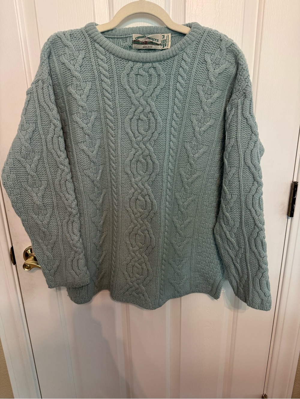Aran Crafts Ireland Sage Green 100% Pure Wool Cable Knit Crewneck Sweater M